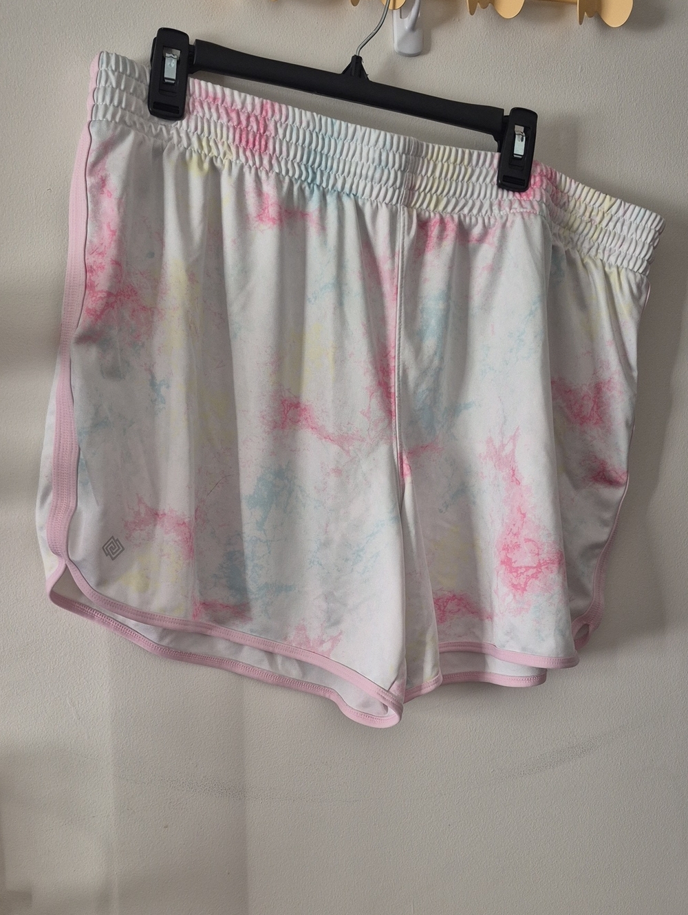 ZELOS Women's White Tie-Dye Athletic Shorts with Pink Trim